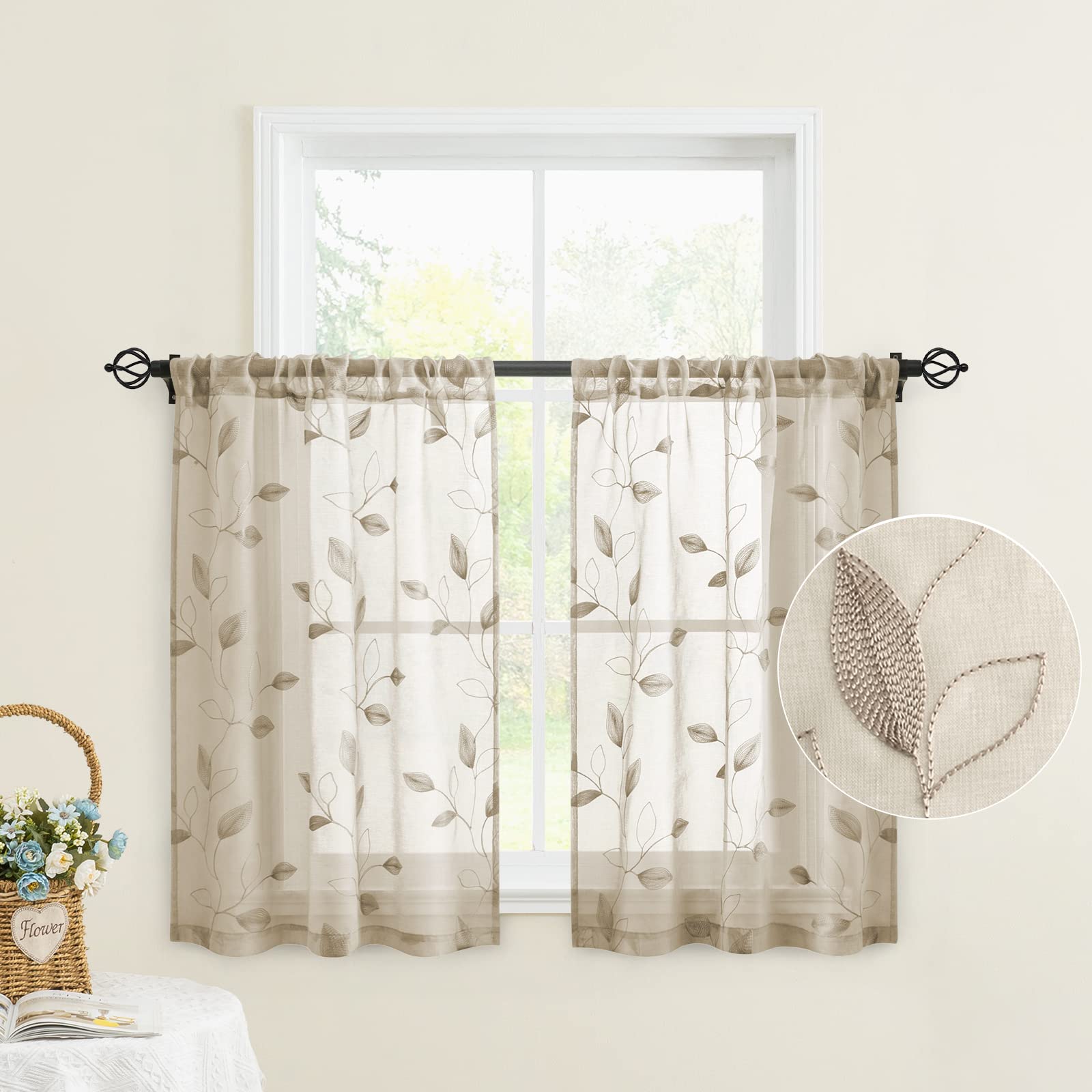 Homeideas Taupe Sheer Kitchen Curtains 30 X 24 Inch Length 2 Panels Beige Embroidered Leaf Pattern Short Curtains For Small Wind